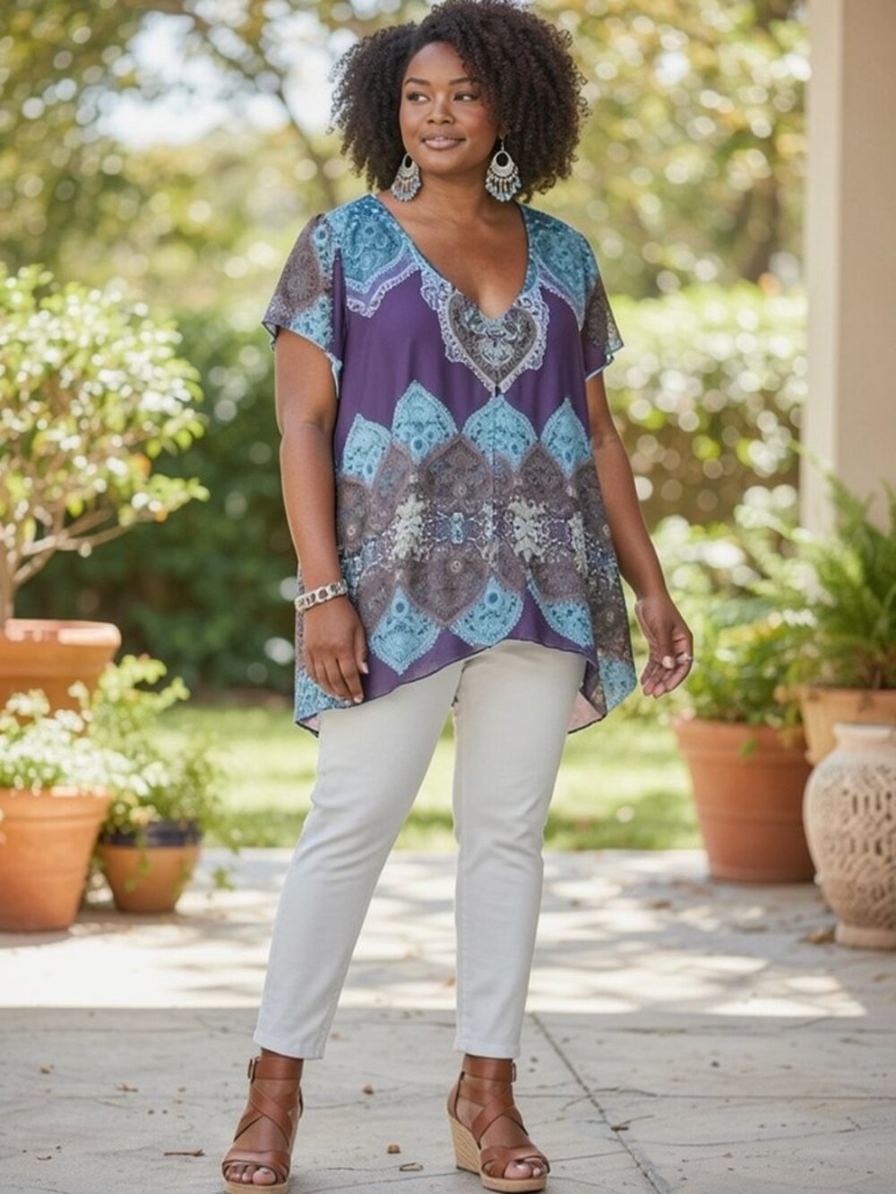 Energe World Wear‎ Womens Mandala Print Flutter Sleeve Top Size 1X